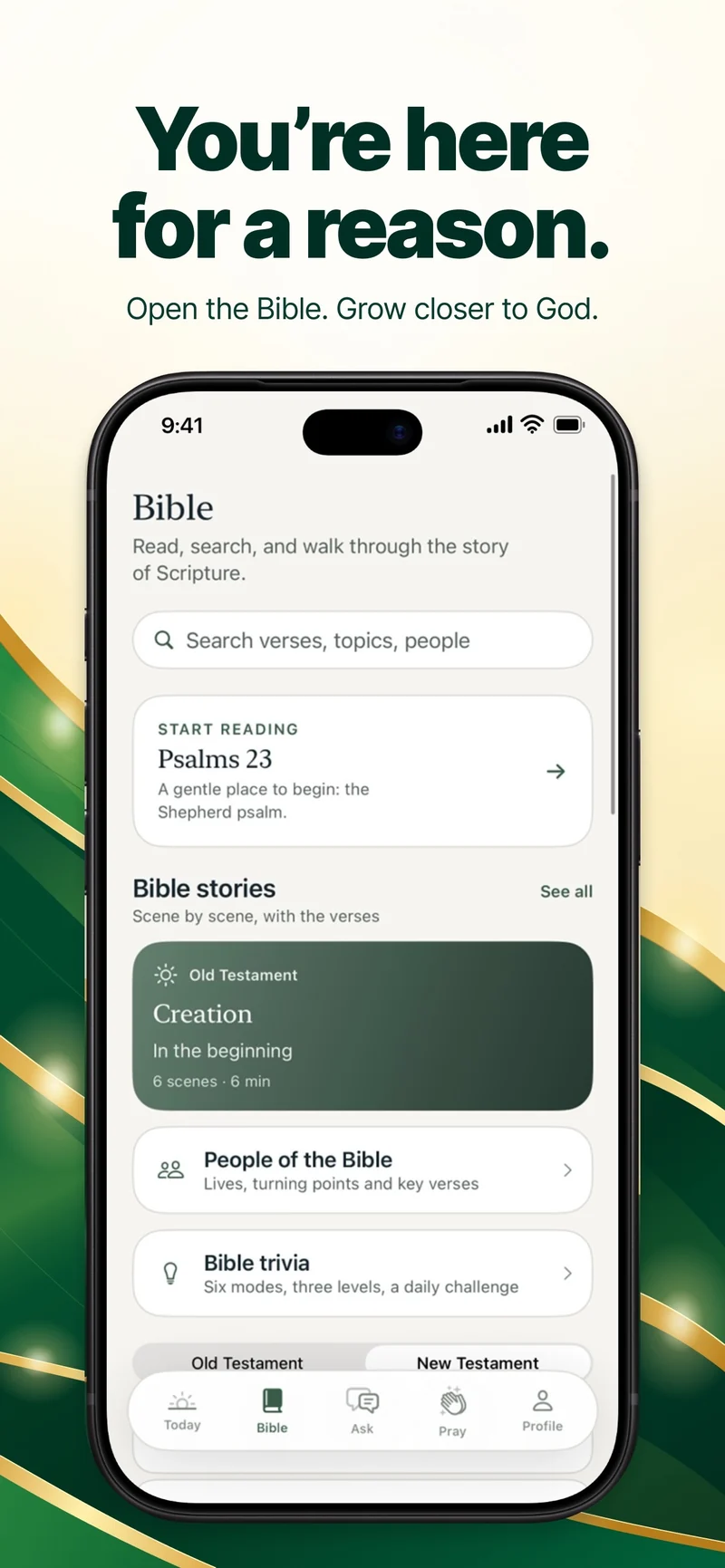 聖書閲覧・検索・物語を表示するBible Chatの英語画面