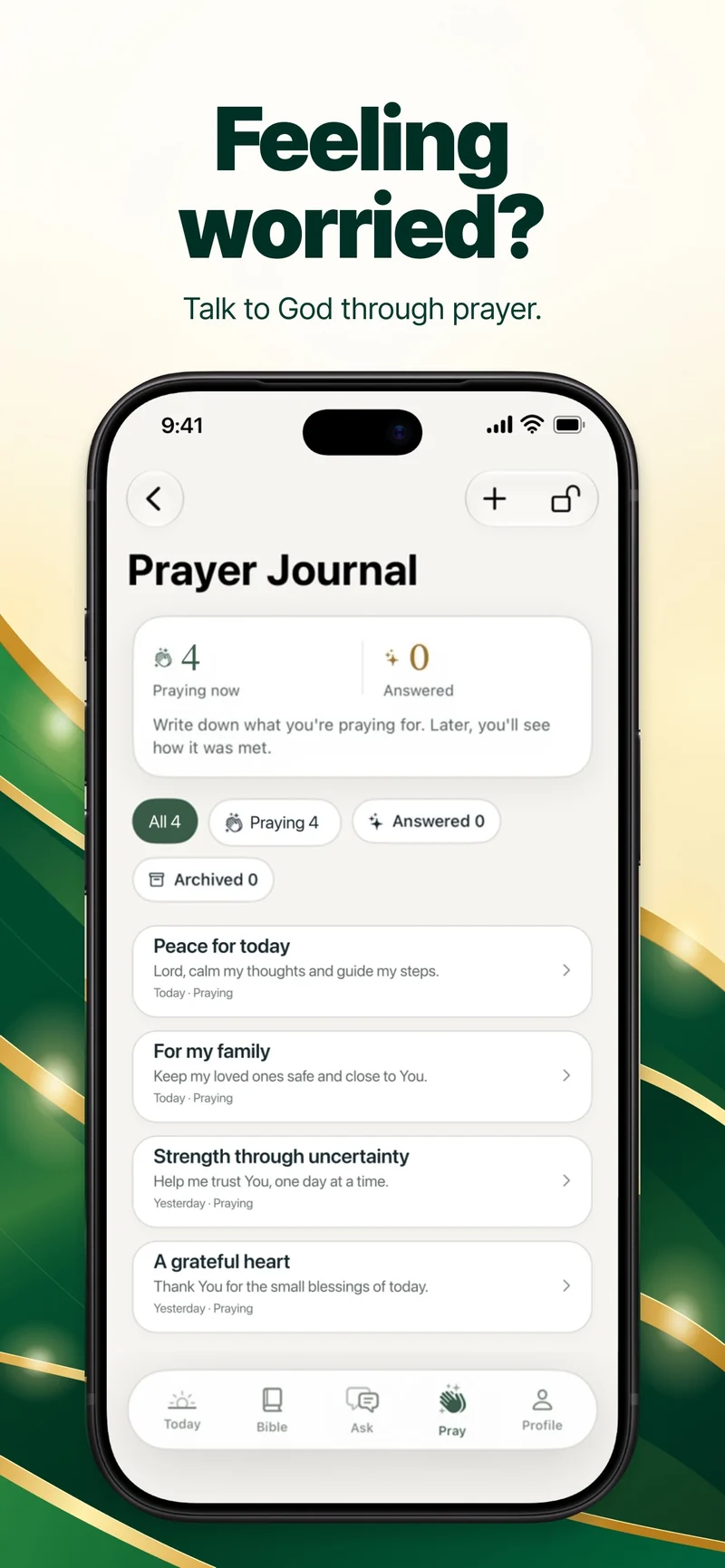 祈りの日記と保存した祈りを表示するBible Chatの英語画面